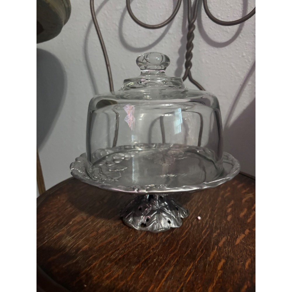 Arthur Court Grape Vine Pewter Cheese Dome Glass Cloche Pedestal Server 7.5 Inch